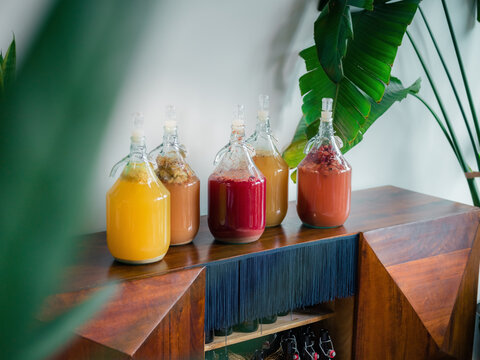 Colorful liquids fermenting at home 