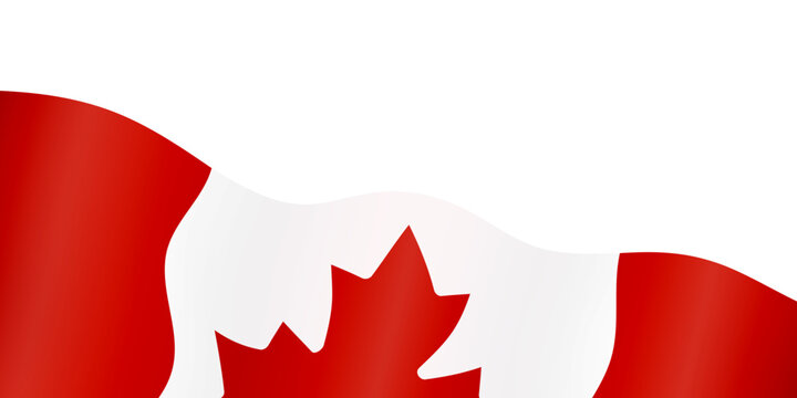 Waving Canada flag banner background with red maple leaf and copy space. Frame or border for Canadian national holiday. Red, white color. Vector illustration