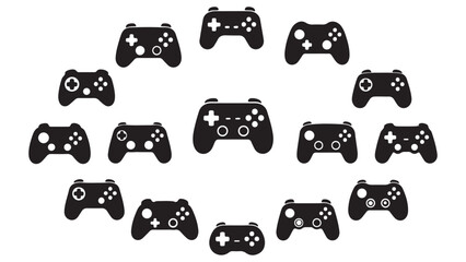 A circular collection of flat black icons representing various types of game controllers and video game handheld consoles for digital entertainment design © rayhanbd.net