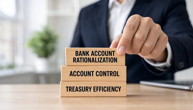 Professional pushing wooden blocks representing bank account rationalization account control and treasury efficiency on desk