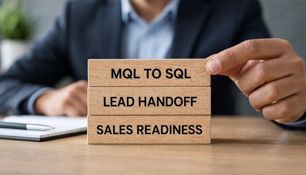 Professional showing wooden blocks with business terms MQL to SQL lead handoff and sales readiness on desk