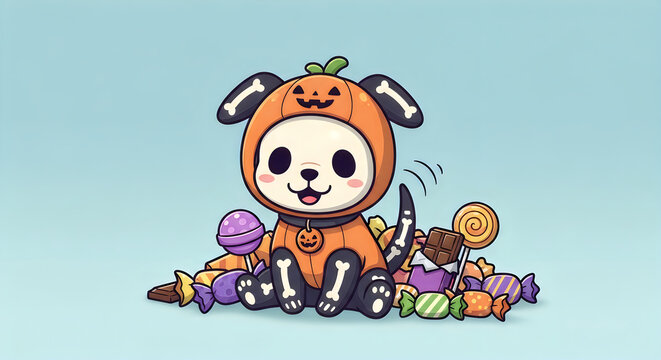 Cute puppy wearing a pumpkin skeleton costume for a fun hallowen holiday celebration illustration