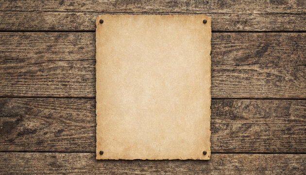 Rustic wooden background texture with an old antique blank paper sign fixed by four nails for vintage messages