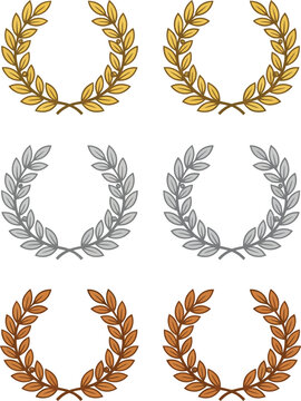 Laurel wreath set in gold silver and bronze for achievement award and victory trophy symbols.