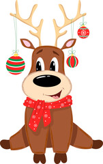 Cartoon reindeer wearing a scarf, with Christmas ornaments on its antlers. Reindeer. © Tetiana