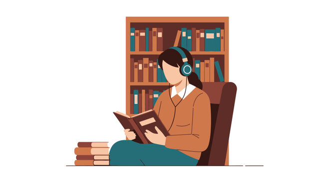 Flat Illustration of a Young Woman Reading a Book and Wearing Headphones in a Library, Audiobook and Study Concept