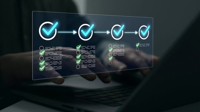 Digital task management with checkmark, workflow optimization and project planning. Corporate productivity, document review and business process automation concept.	
