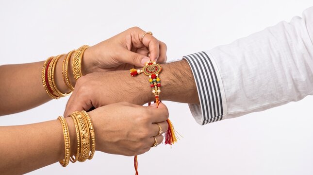 A woman tying a traditional rakhi thread on her brothers wrist during the indian festival of raksha bandhan