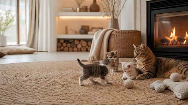 Cozy cat family relaxing beside a warm fireplace in a modern home
