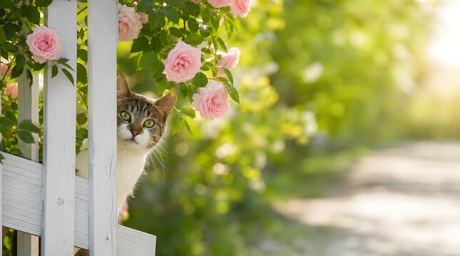 Curious domestic cat peeking through a charming garden gate with copy space