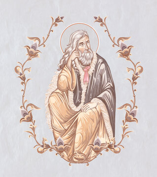 Prophet Saint Elijah. Christian pastel illustration in Byzantine style in floral frame