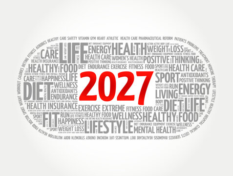 2027 health and wellness word cloud concept background with HEALTH INSURANCE, HEALTHY FOOD, DIET, WELLNESS, ENDURANCE, FITNESS typography layout art.