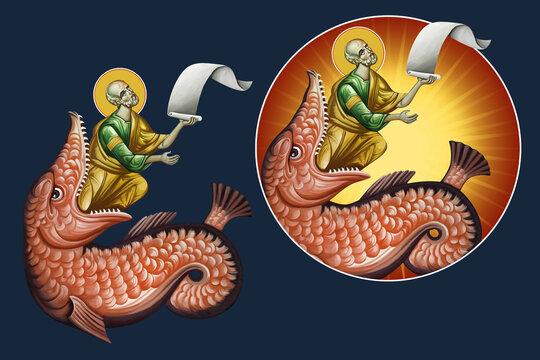 Saint Jonah and the Whale. Illustration - fresco set in Byzantine style