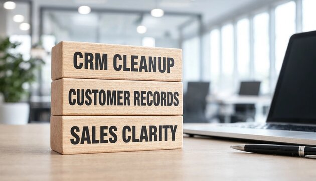 Professional wooden blocks displaying CRM cleanup customer records and sales clarity on office desk with laptop