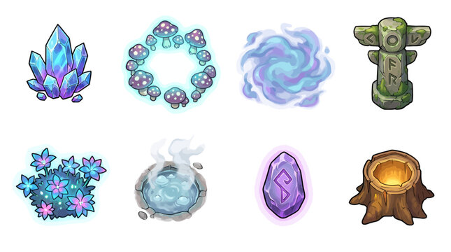 Fantasy magic elements set with glowing crystals, magical portals, ancient rune stones, and mystical forest artifacts for game design