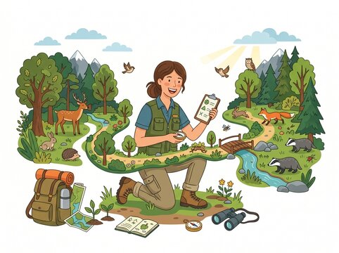 Nature researcher studying wildlife and plants in a forest environment with backpack and binoculars illustration