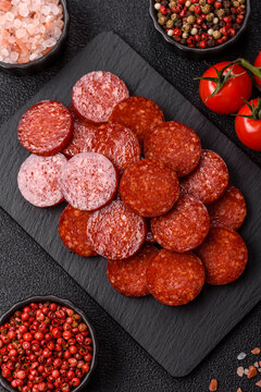 Slices of smoked pepperoni or salami for making homemade pizza. Sliced pepperoni