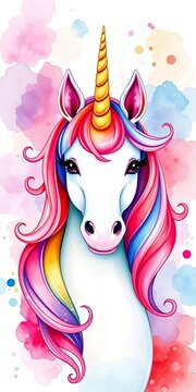Whimsical watercolor illustration of a unicorn, fantasy, mythical creatures