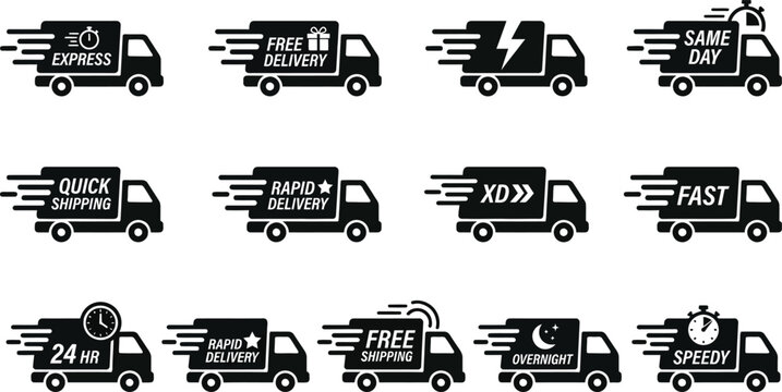 Set of delivery trucks with different transportation and shipping icons and slogans like express and same day.