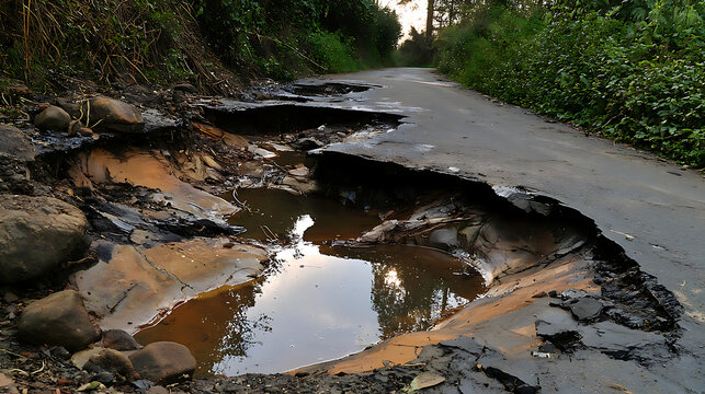 The road surface is cracked and broken, with large chunks of asphalt collapsed into the holes, revealing muddy earth and exposed underground pipes beneath. 