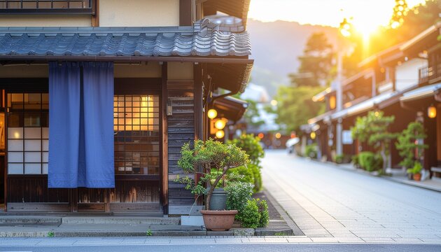 Corner of a traditional Japanese wooden shop with blue noren curtain on an old town street at sunset