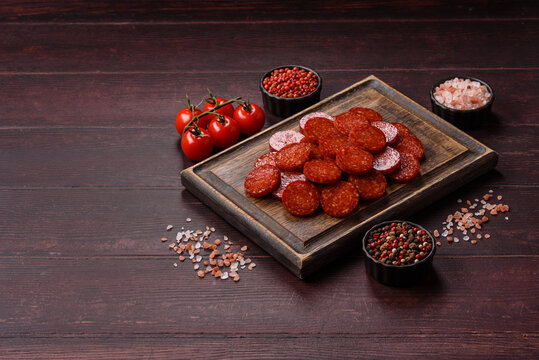 Slices of smoked pepperoni or salami for making homemade pizza. Sliced pepperoni
