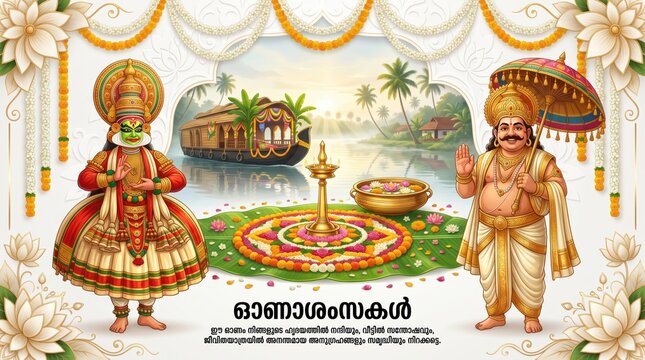 Kathakali dancer and king mahabali for onam festival, featuring a traditional kerala houseboat, floral pookalam, brass oil lamp, and decorative marigold garlands on a white background