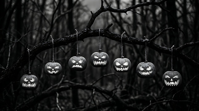 Spooky carved jack o lanterns hanging in dark forest