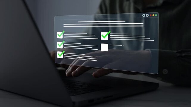 Online survey questionnaire with digital feedback form, customer evaluation and business assessment concept. Filling form, research analytics, technology interface and data review.	
