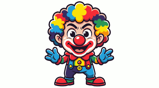 Happy colorful clown character standing with open arms for circus event