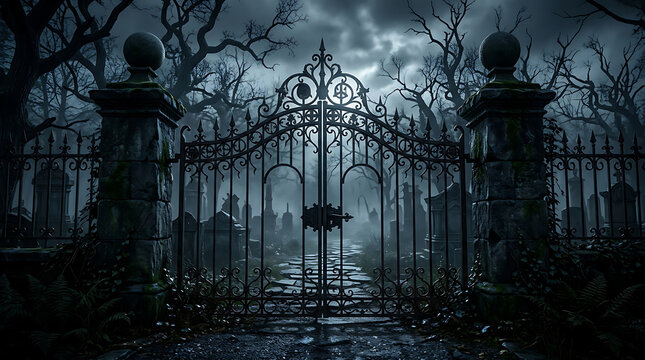 Spooky iron gates at a dark misty cemetery