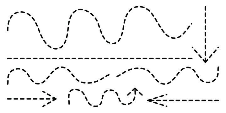 Dash dot line scribble design collection. Arrow, curved, doodle lines, and horizontal dashed lines vector isolated on a white background.