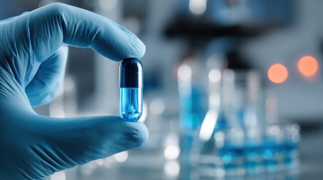 Gloved hand holding transparent blue capsule pill in laboratory setting