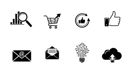 Digital business icons for technology with including magnifying glass over bar graph white background including collection black digital graph shopping cart © Priyanka