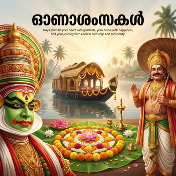 Kathakali performer and king mahabali for onam festival, featuring a traditional houseboat, floral pookalam, and oil lamp on a wooden deck at sunrise