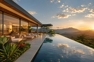 Fototapeta premium Modern house with infinity pool overlooking mountains at sunset scenic photo