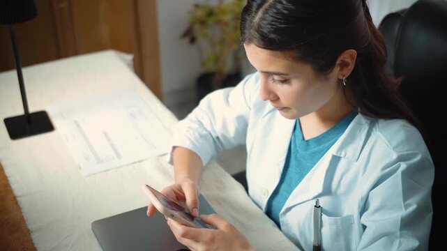 Young Latina female doctor using her smartphone during a break in her medical office, representing healthcare professionals, mobile technology, communication, and moments of downtime at work.
