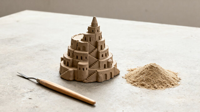 Half-formed clay Tower of Babel model with sand and tool, communication and learning concept