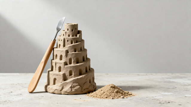 Half-formed clay Tower of Babel model with sand and tool, communication and learning concept