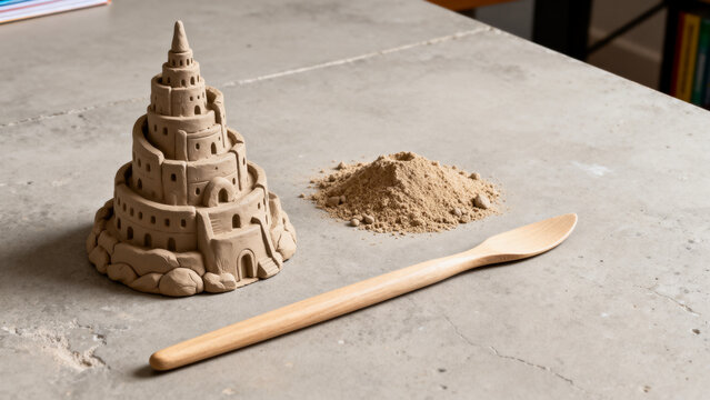 Half-formed clay Tower of Babel model with sand and tool, communication and learning concept