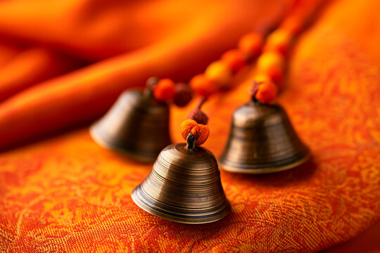 Buddhist ritual bells on orange floral background for traditional Indian holidays