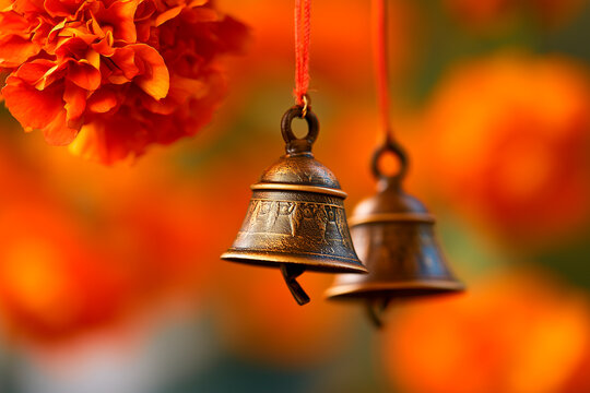 Buddhist ritual bells on orange floral background for traditional Indian holidays