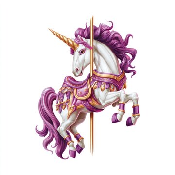 Vibrant purple and gold unicorn carousel horse illustration.
