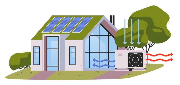 Heatwave Europe heat pump diagram sustainable house solar panels energy flow arrows eco friendly technology modern home green trees