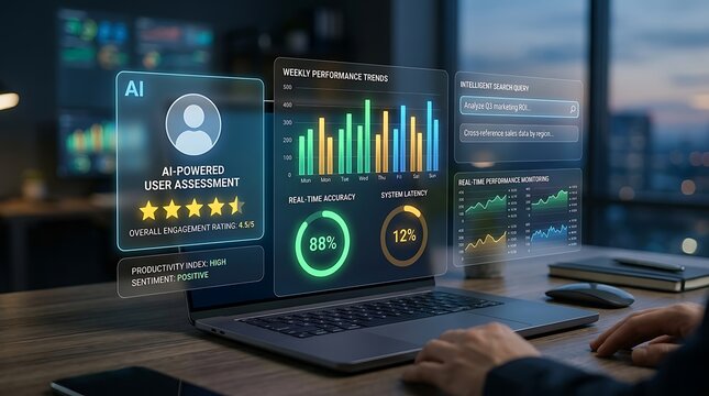 Laptop displaying futuristic digital hologram interface with business charts analytics and AI powered user assessment metrics on desk at night