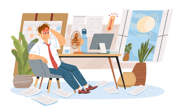 Heatwave Europe melting office worker extreme summer hot sun sweating man fan thermometer desk plants window modern workspace