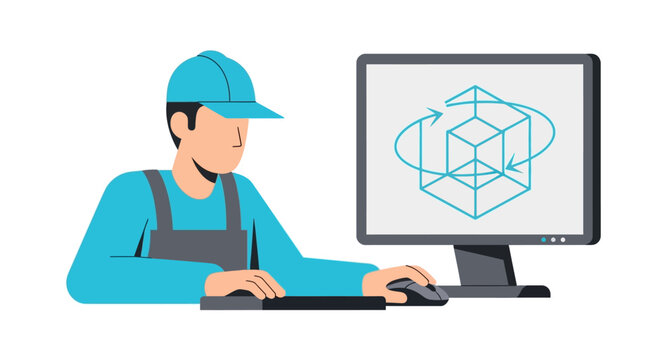 Professional Engineer or CAD Designer Working on 3D Modeling Project at Computer Workstation, Flat Vector Illustration for Industrial Design and Technical Software Concepts