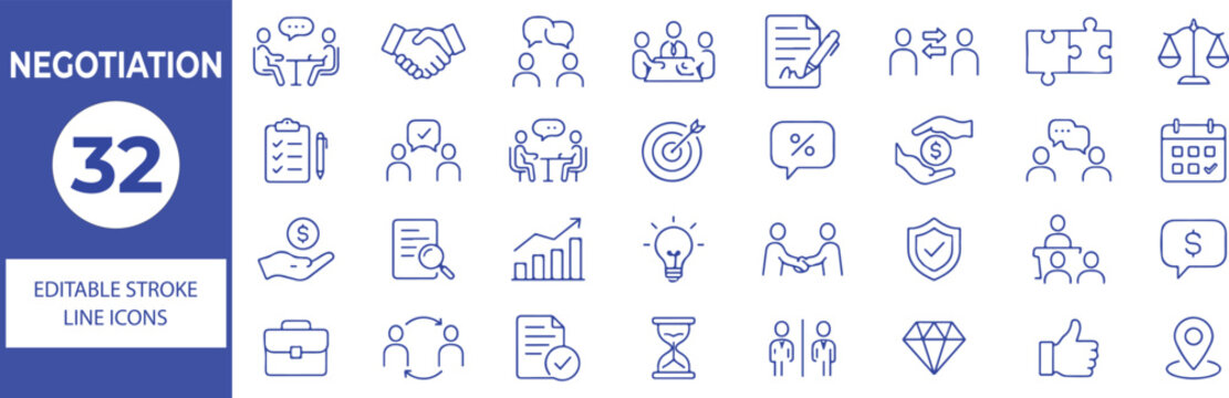 32 Negotiation Vector Outline Icons Set,Business Deal, Agreement, Partnership, Communication and Contract Line Symbols Collection