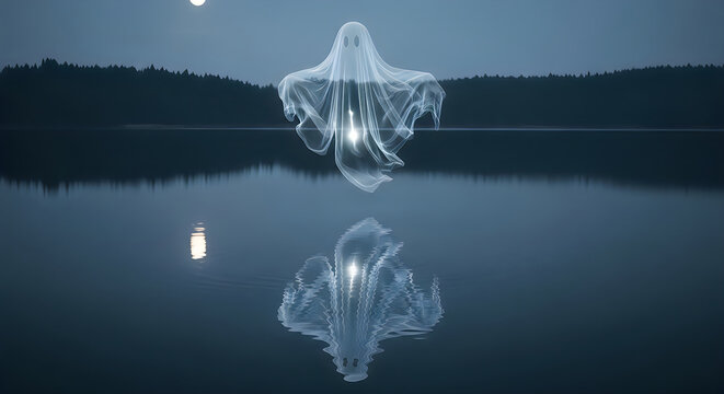 Spooky ghost floating over a dark lake at night for a hallowen theme