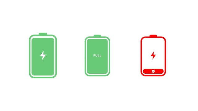 Battery charging status animation with full, low and empty smartphone battery indicators for 4K transparent background motion graphics